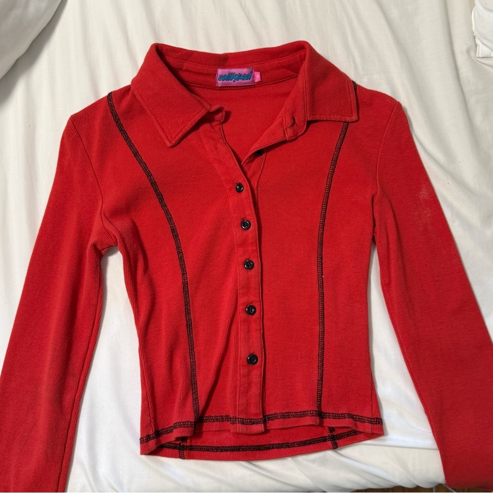 Edikted Red Collated Button-Up Women's Top Long-Sleeve